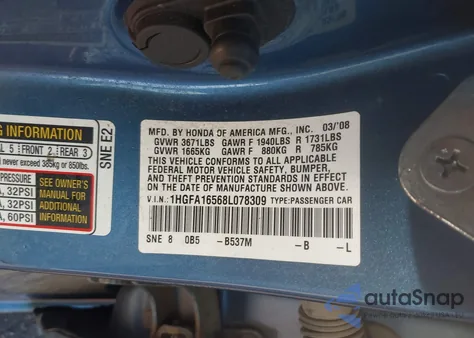 2008 Honda Civic Lx from USA, damaged, VIN 1HGFA16568L078369